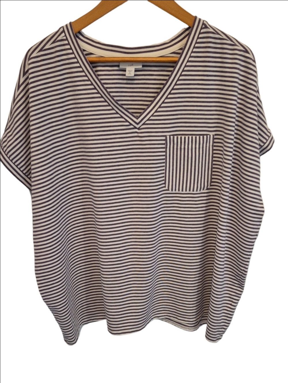 J. Jill Purple & White Striped V-Neck Boxy Fit Pocket Tee Cap Sleeve Cotton